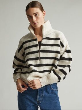 Everlane The Half-Zip Sweater in Luxe Merino Wool Sz Small Cream & Black Stripe